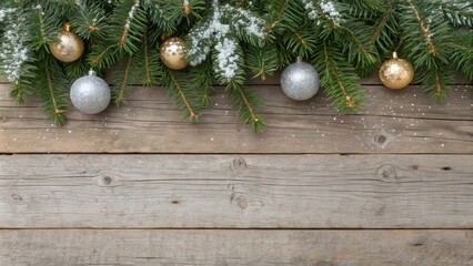 Poster - Rustic wooden background with evergreen branches, snow, and silver and gold ornaments, creating a festive winter backdrop.