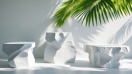 Poster - White textured podiums positioned against a clean background, featuring the natural shadow of a leaf, perfect for displaying products with a tropical vibe.