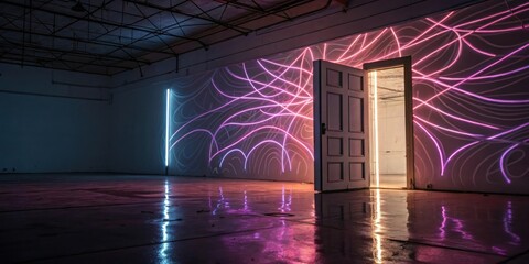 Aufkleber - A Partially Opened Door Reveals a Room Lit by Neon Lines and Reflected Light on the Wet Floor