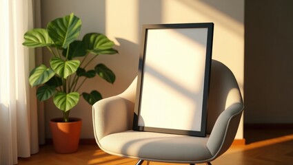 Poster - Aesthetic mockup poster frame template on the armchair illuminated by sunlight in the living room close-up.