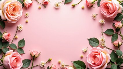 Poster - Delicate festive light roses in bloom on a pink background, soft pastel frame of blossoming flowers, floral bouquet card.