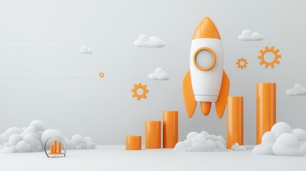 Poster - 3d rendered business growth concept featuring a rocket launching on an ascending bar graph represent