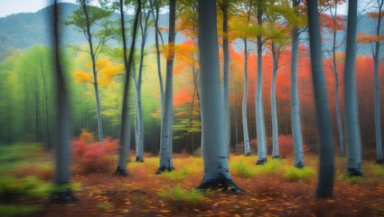 Aufkleber - A mesmerizing image showcases a blurred forest ambiance, artistically depicting the movement of trees with an array of vivid colors.