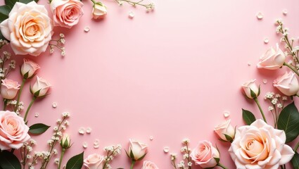 Poster - Delicate blooming festive light roses set against a pink background, soft pastel frame of blossoming flowers, bouquet floral card.