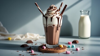 Poster - Chocolate milkshake topped with whipped cream served in a glass on a light gray table.