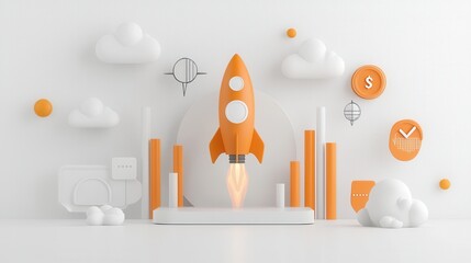 Poster - A sleek vibrant orange rocket launching powerfully into the sky surrounded by minimal white clouds and geometric icons representing ideas of technology innovation and future growth