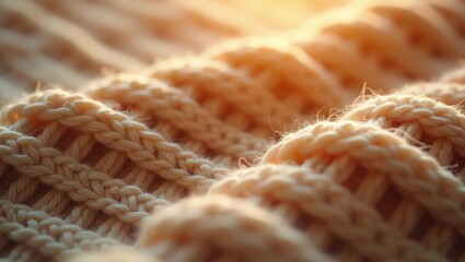 Poster - Knitted surface. Knitted backdrop. Beige knitted textile. Knitted pattern. Soft fabric. Cozy setting. Knitwear feature. Woolen material.