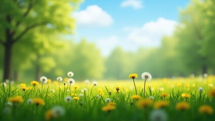Poster - Wide format image of a beautiful pristine forest lawn featuring fresh grass and yellow dandelions against a blurred background.