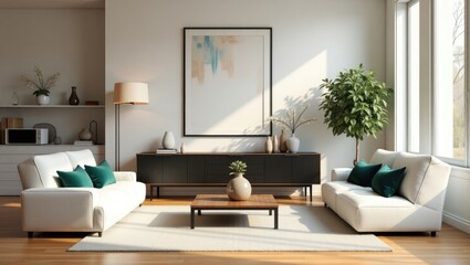 Aufkleber - Cozy living space interior featuring two white sofas, a black wooden cabinet near a floor lamp, and a mock-up poster frame. Home decor with template art displayed on the wall.