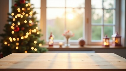 Poster - Blurred Christmas tree and decorated window interior backdrop featuring a wooden tabletop for product display in the foreground.