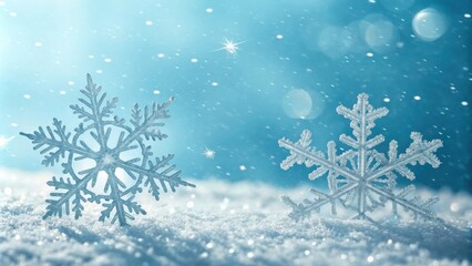 Poster - Two glittering snowflakes resting on a bed of fresh snow with a soft blue sky as the backdrop