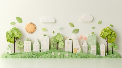 Poster - Beautifully crafted paper cut style digital artwork depicting an eco friendly urban landscape with modern architecture lush greenery and a minimalist sustainable design  The layered