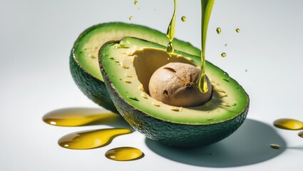 Poster - Chopped avocado with juice splashes, isolated on a white background.