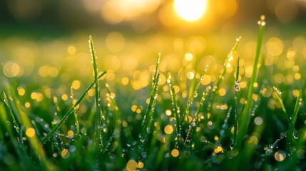 Poster - Dewdrops adorn the green blades of grass, sparkling like jewels in the gentle light of dawn. The soft glow of the sun fills the meadow, creating a serene atmosphere