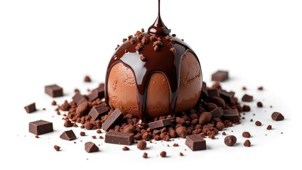 Poster - Chocolate ice cream ball with sauce and crumbs on a white background, viewed from above.