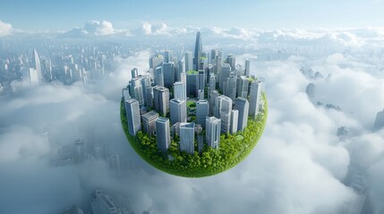 Poster - a beautifully stylized tiny planet filled with a futuristic cityscape of towering skyscrapers and lu