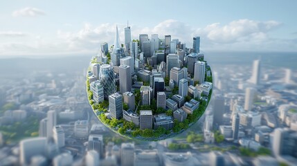 Poster - Futuristic Miniature Metropolis A highly stylized and digitally rendered aerial view of a sustainable eco friendly city sphere filled with skyscrapers green infrastructure and a hazy