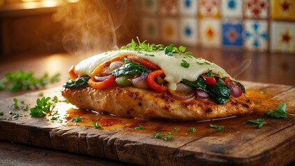 Poster - Homemade stuffed chicken fillet with cheese and vegetables cooking against a kitchen background.