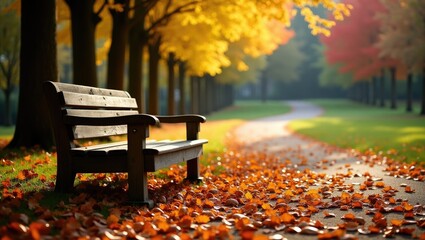 Aufkleber - Bench in an autumn park. Landscape of autumn.