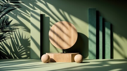 Poster - Geometric wooden podium set against an abstract background featuring palm leaf shadows. A scene with a geometric backdrop. Display area for product presentation. Vacant showcase.