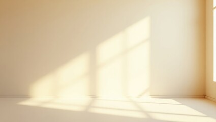 Poster - Beige studio backdrop for showcasing products. Shadow of window and sunlight on an empty white wall and floor. Blurred background.