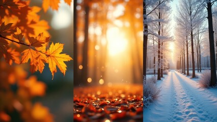 Poster - Beautiful seasonal backdrop - a collage featuring two seasons of the year. Vibrant, colorful images representing various times of the year.