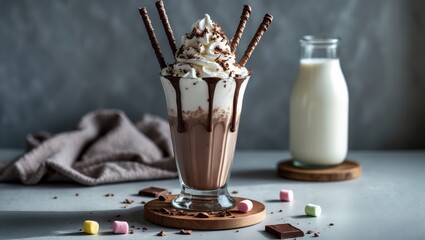 Poster - Chocolate milkshake with whipped cream presented in a glass on a light gray table.