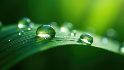 Poster - Macro image showcasing beautifully illuminated water droplets on a leaf or grass stem, representing the fragility and purity of nature.