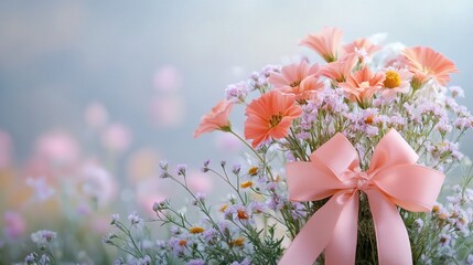Aufkleber - A captivating collection of pastel-hued flowers arranged elegantly, featuring soft pink blooms tied together with a delicate ribbon