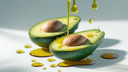Poster - Chopped avocado displaying juice splashes, isolated on a white background.