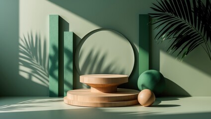 Poster - Geometric wooden podium set against an abstract backdrop featuring palm leaf shadows. A scene with a geometric setting. Background for product display. Unoccupied showcase.