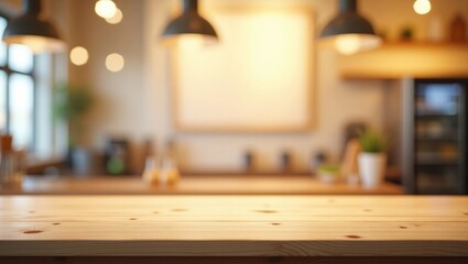 Aufkleber - Table and blurred background, Wooden counter against a bokeh light backdrop, Brown wood tabletop, shelf for food and retail shop, store product display background, banner, mockup, template