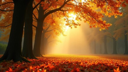 Poster - Stunning autumn landscape featuring yellow trees and sunlight. Vibrant foliage in the park. Dropping leaves natural backdrop.