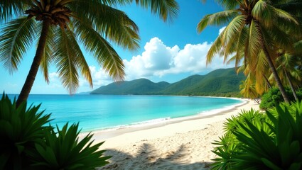 Poster - Tropical exotic beach with beautiful scenery. Lush foliage of coconut palm trees in the foreground.