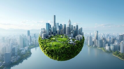 Poster - Breathtaking futuristic cityscape floating in the sky featuring a modern metropolis with towering skyscrapers and sustainable green elements