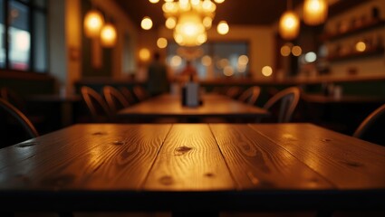 Poster - Empty dark wooden table against an abstract blurred bokeh background. Suitable for showcasing or placing your products. Layout for space.