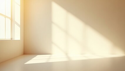 Poster - Beige studio backdrop for product display. Shadow of window and sunlight on vacant room white wall and floor. Blurred background.