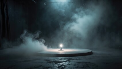 Poster - Empty space studio with a dark room featuring spotlighting and fog against a black background.