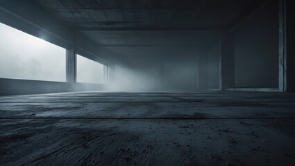 Poster - Empty space of a dark room featuring a concrete floor with grunge texture background and spot lighting, along with fog or mist in the background.