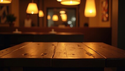 Poster - Empty dark wooden table set against an abstract blurred bokeh background, suitable for showcasing or displaying your products. Layout for space.