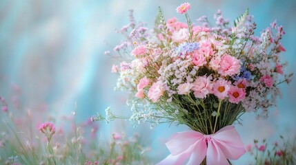 Aufkleber - A stunning bouquet bursts with soft pinks, whites, and blues, elegantly tied with a ribbon. Surrounding wildflowers complement this picturesque arrangement in a serene outdoor locality