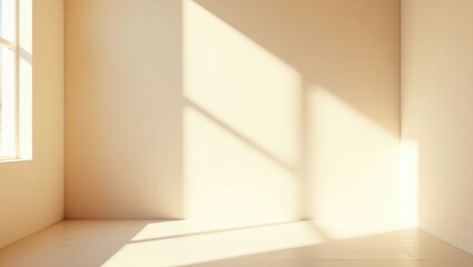 Poster - Beige studio backdrop for product display. Shadow of window and sunlight on vacant room white wall and floor. Blurred background.