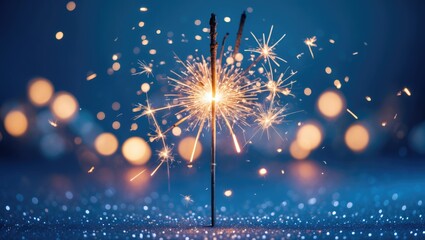Wall Mural - Beautiful sparkles created by sparklers against a bokeh backdrop, glitter, and a festive setting. Bright fire set against a blue background.