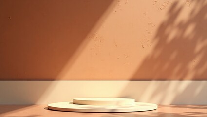 Poster - Autumn backdrop featuring a podium with leaves shadow silhouette on a concrete wall texture, designed for beauty cosmetic product promotion in a color cement studio showcase.