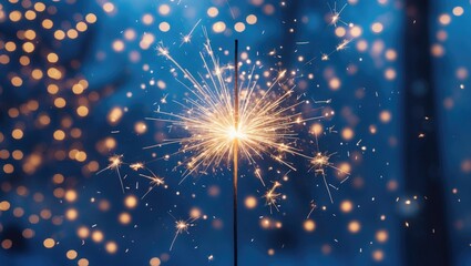 Wall Mural - Beautiful sparkles from sparklers against a bokeh background, glitter, and a festive setting. Bright fire on a blue backdrop.