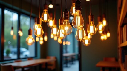 Aufkleber - A collection of light bulbs suspended from the ceiling, with some illuminated. The bulbs vary in sizes and shapes, all hanging from above. The atmosphere is warm and cozy.