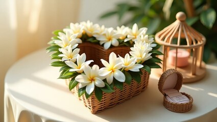 Poster - Handcrafted wedding ring box in heart shape adorned with tropical flower garland at the wedding.