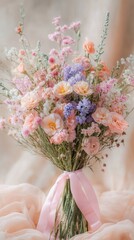 Poster - A stunning arrangement showcases an array of pastel flowers, harmoniously intertwined with delicate greens