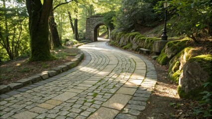 Aufkleber - A winding cobblestone path leads through a lush green forest, sunlight filtering through the canopy, illuminating the path and highlighting the mossy rocks along the edges.