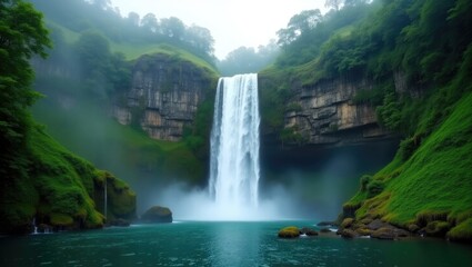 Aufkleber - Stunning and untamed waterfall nestled within the green jungle.